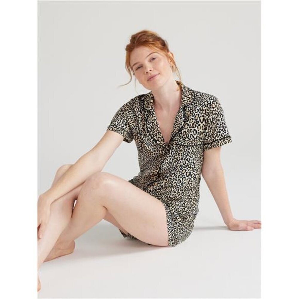 Women’s Short Sleeve Notch Collar Top and Shorts Knit Pajama Set